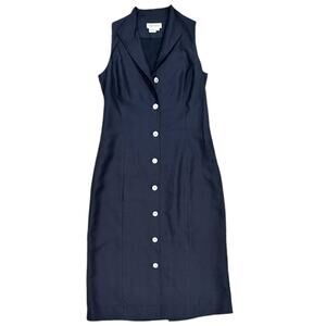 Sleeveless Navy Midi Dress Button Down Silk
